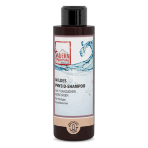 Flasche mit mildem Physio-Shampoo, das pflanzliche Glykoside enthält, für häufiges Haarwaschen.