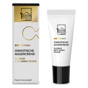 Ein Tube und eine Verpackung der oSMOstischen Augencreme mit dem Logo der Tauern Apotheke und Anti-Aging Hinweis.