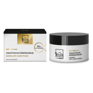 Osmotische Körpercreme in einem schwarzen Tiegel neben einer eleganten Verpackung mit goldenen Akzenten.