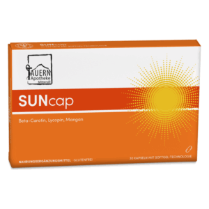 Verpackung von SUNcap, einem Nahrungsergänzungsmittel mit Beta-Carotin, Lycopin und Mangan, glutenfrei.
