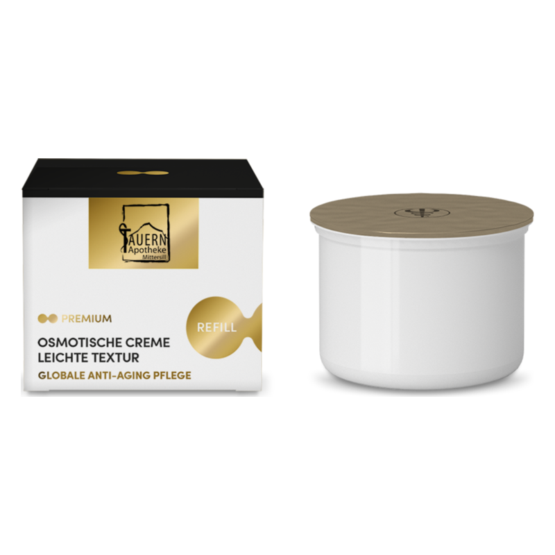 Eine Kosmetikverpackung mit einer weißen Dose und einem Holzdeckel, beschriftet mit "Osmotische Creme", Anti-Aging Pflege.