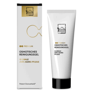 Osmotisches Reinigungsge gel in einer weißen Tube neben der Verpackung mit goldenen Akzenten und schriftlicher Kennzeichnung.