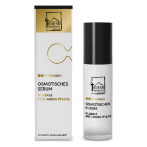 Osmotisches Serum in einer transparenten Flasche mit schwarzem Deckel, verpackt in einer weißen Schachtel mit goldenen Akzenten.