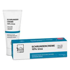 Schrundencreme mit 10% Urea, in einer Tube und einer umgebenden Verpackung, betont intensive Pflege für trockene Füße.