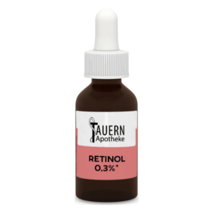 Braune Glasflasche mit Pipette, etikettiert mit 'RETINOL 0,3%' und Logo der 'Stauren Apotheke'.
