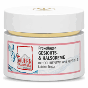 Creme mit Prokollagen und Peptiden in einem runden, weißen Jar mit goldfarbenem Deckel