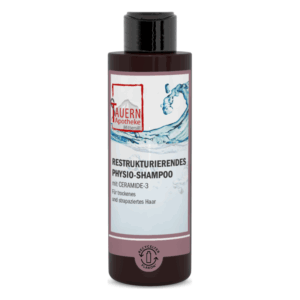 Flasche von restrukturierendem Physio-Shampoo mit Ceramide-3, geeignet für trockenes und strapaziertes Haar.