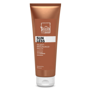 Tube mit selbstbräunender Milch von Tauern Apotheke, geeignet für Gesicht und Körper, in Braunton und mit weißer Schrift.