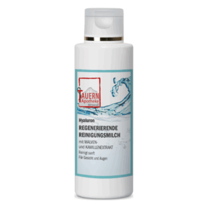 Flasche mit regenerierender Reinigungsmilch für Gesicht und Augen, enthält Hyaluron, Malven- und Kamillenextrakt.