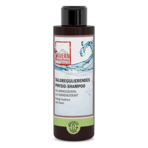 Flasche mit talgregulierendem Physio-Shampoo, enthält Aminosäuren und Birkenextrakt, reinigt Kopfhaut und Haare.