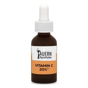 Braune Glasflasche mit Pipette, Etikett für Vitamin C 20% von Tauern Apotheke.