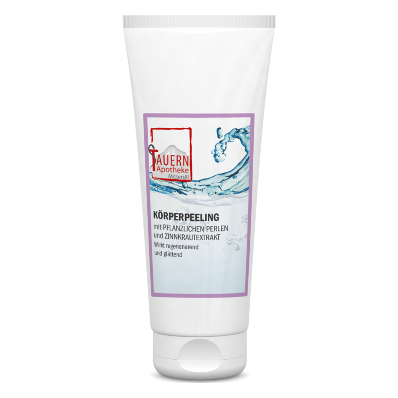 Tube mit Körperpeeling, inkl. pflanzlichen Perlen und Zinnkrautextrakt, wirkt regenerierend und glättend.