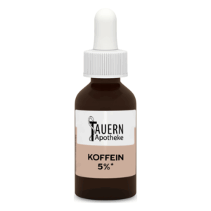 Ein braunes Fläschchen mit Pipette, etikettiert mit "Koffein 5%" von der Tauern Apotheke.