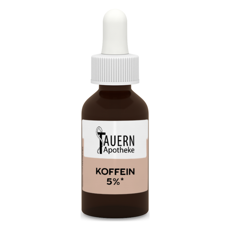 Ein braunes Fläschchen mit Pipette, etikettiert mit "Koffein 5%" von der Tauern Apotheke.