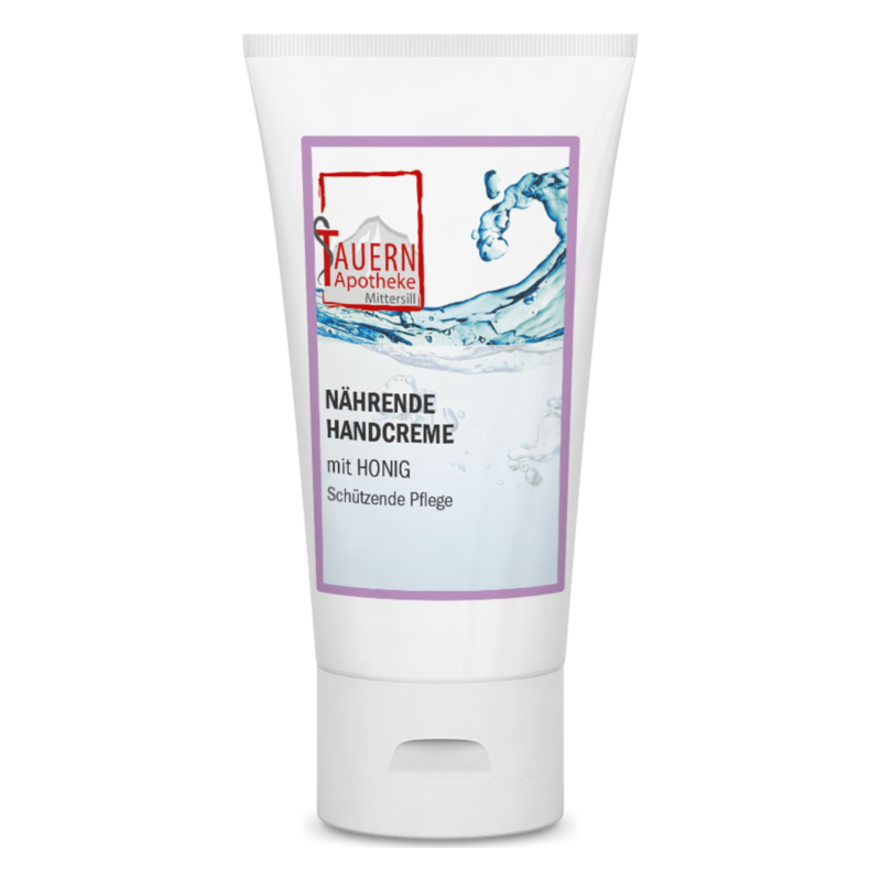 Tube einer nährenden Handcreme mit Honig, inklusive Schutz- und Pflegehinweisen auf der Verpackung.