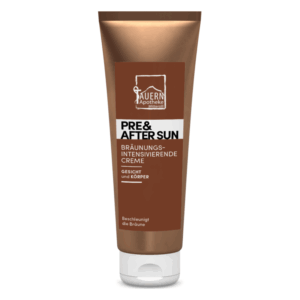 Bräunungsintensivierende Creme in einem silberfarbenen Tubenbehälter, geeignet für Gesicht und Körper.