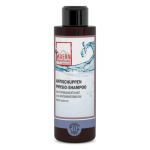 Braune Shampoo-Flasche mit einem schwarzen Deckel, etikettiert als 'Antischuppen Physio-Shampoo'.