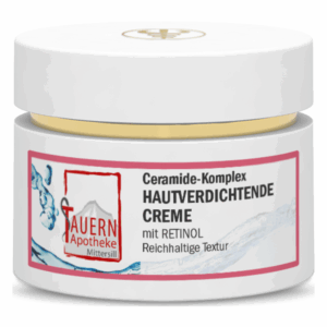 Hautverdichtende Creme im weißen Tiegel mit goldener Verschlusskappe und farbigem Etikett.