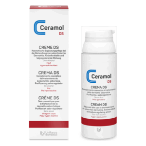 Flasche und Verpackung von Ceramol DS Creme für seborrhoische Dermatitis, alkoholfrei und hautberuhigend.