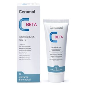 Hautschutzpaste von Ceramol in einer Tube, kombiniert mit einer Verpackung, beide mit Beschreibung und Anwendungsinformationen.