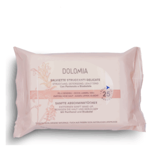 Packung mit sanften Abschminktüchern, rosa mit Details zu Inhaltsstoffen und Anwendungshinweisen für empfindliche Haut.