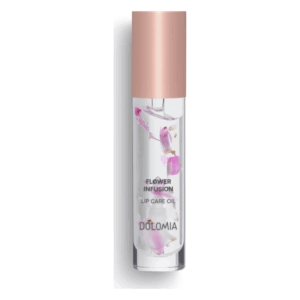 Flasche mit Lippenpflegeöl, durchsichtig mit eingelegten Blüten, rosa Deckel, Etikett ‚Flower Infusion‘.
