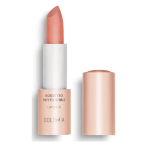 Roséfarbener Lippenstift in einer weißen und roségoldenen Verpackung, teilweise aus der Hülse sichtbar.