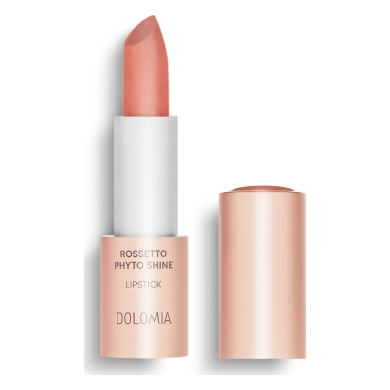 Roséfarbener Lippenstift in einer weißen und roségoldenen Verpackung, teilweise aus der Hülse sichtbar.