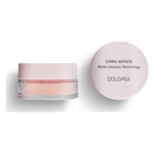 Ein Glasbehälter mit rosa Kunststoffdeckel, gefüllt mit Puder für Anti-Aging, beschriftet mit "CIPRIA ANTIETÀ" und "DOLOMIA".