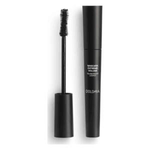 Schwarze Mascara für extremen Volumen mit einem Applikatorbürstchen und einem schlanken, mattschwarzen Flakon.
