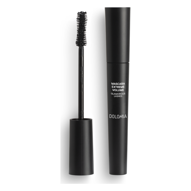 Schwarze Mascara für extremen Volumen mit einem Applikatorbürstchen und einem schlanken, mattschwarzen Flakon.