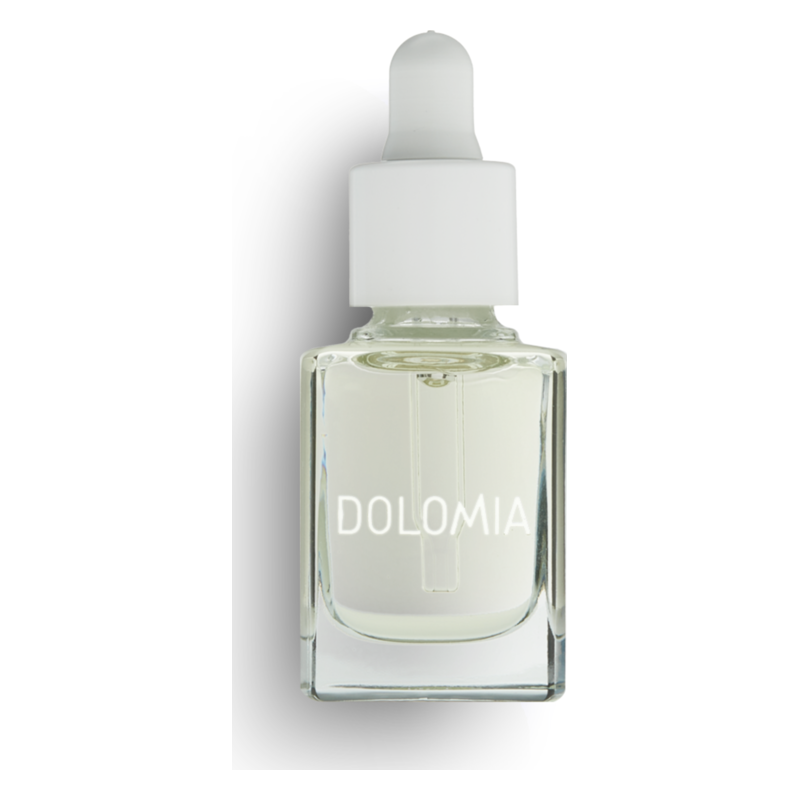 Kleines Glasfläschchen mit Pipette, transparent, enthält eine klare Flüssigkeit, beschriftet mit 'DOLOMIA'.
