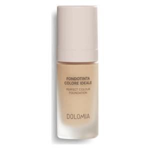 Flasche mit flüssiger Foundation, hellbeige, mit einem weißen Deckel und einem klaren Etikett in deutscher und englischer Sprache.