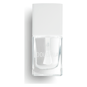 Ein transparenter Nagellack mit weißen Deckel und Pinsel im Inneren, beschriftet mit "DOLOMIA".