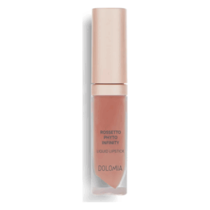 Flüssiger Lippenstift in einer transparenten Verpackung mit roséfarbenem Deckel und dem Namen Dolomia.