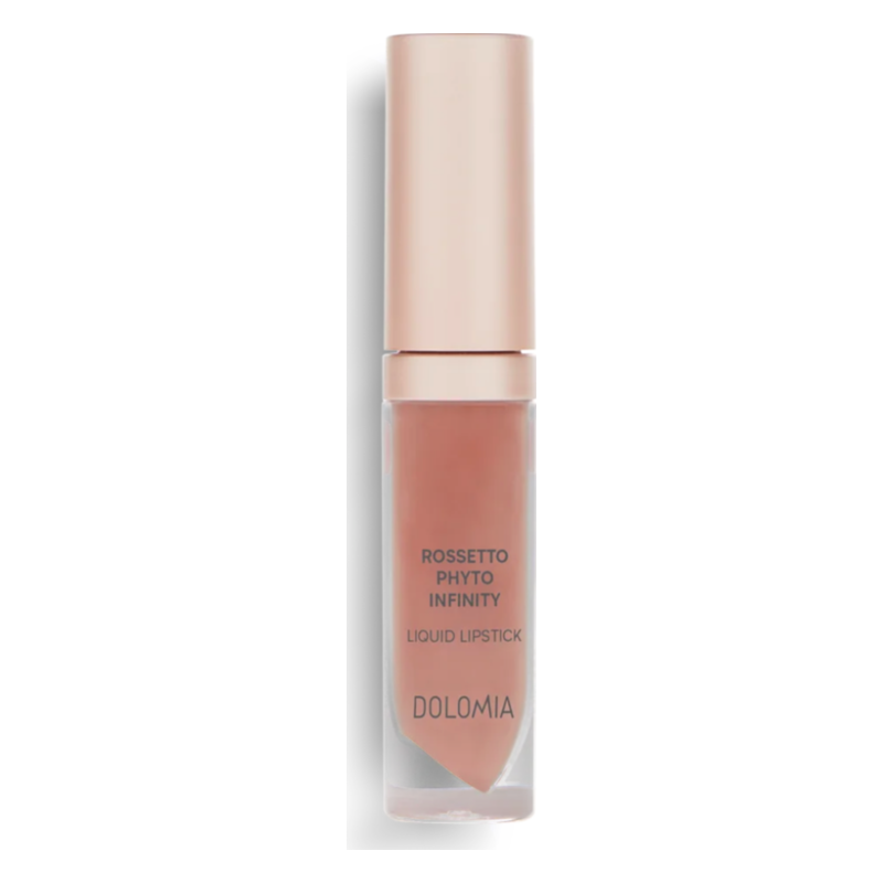Flüssiger Lippenstift in einer transparenten Verpackung mit roséfarbenem Deckel und dem Namen Dolomia.
