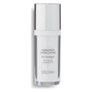 Weißer Flakon mit silbernem Deckel, beschriftet mit "Fondotinta Hydra Lifting Pro-Collagen Anti-Aging Foundation".