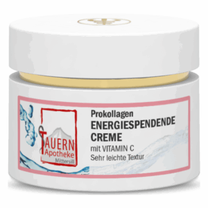 Weißes Tiegel mit goldfarbener Kappe, Etikett mit der Aufschrift "Prokollagen Energiespendende Creme mit Vitamin C".