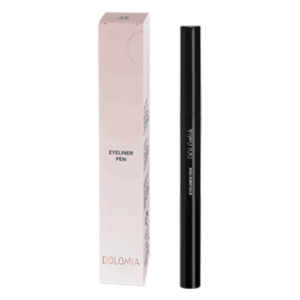 Schwarzer Eyeliner-Stift neben einer rosa Verpackung mit dem Aufdruck 'Eyeliner Pen' und 'DOLIMIA'.
