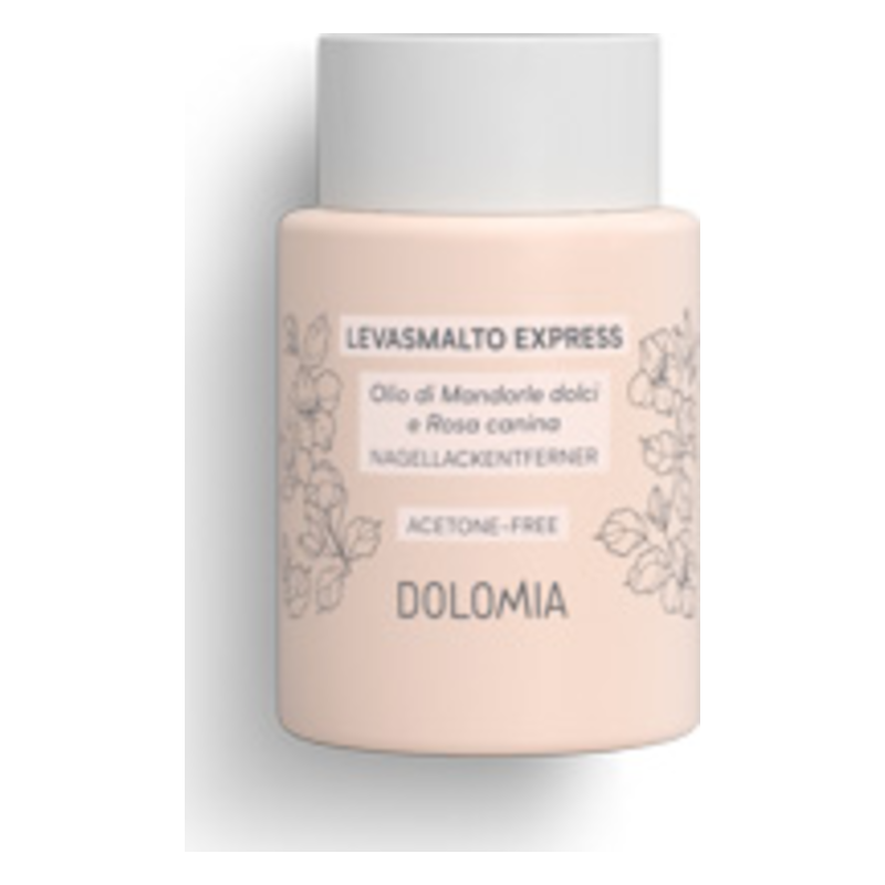 Runder Nagellackentferner ohne Aceton in einer rosa Verpackung mit blumigen Details und Informationen zur Anwendung.