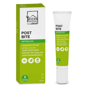 Verpackung eines Produkts namens POST BITE mit Aloe Vera zur Linderung von Insektenstichen und Kontakt mit Quallen.