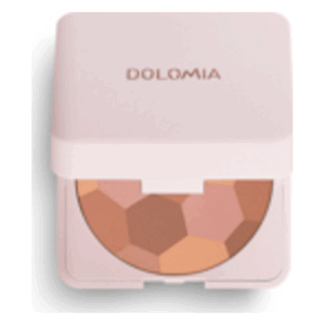 Helle quadratische Verpackung mit dem Schriftzug "DOLOMIA" und einem Innenleben aus verschiedenen, polygonalen Farbnuancen.