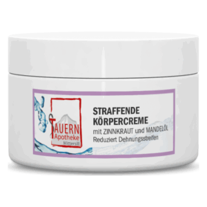 Weiße Dose mit straffender Körpercreme, ausgewiesen durch Inhalt und Inhaltsstoffe, wirkt gegen Dehnungsstreifen.