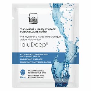 Tuchmaske mit Hyaluron für feuchtigkeitsspendende und anti-aging Pflege, verpackt in einer auffälligen, blauen Umverpackung.