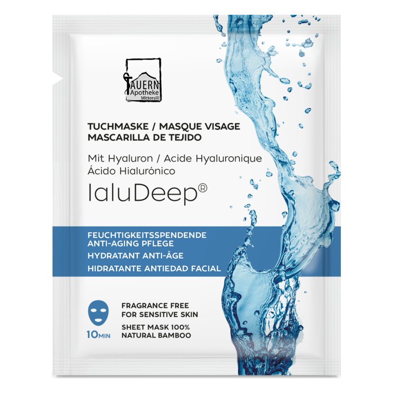 Tuchmaske mit Hyaluron für feuchtigkeitsspendende und anti-aging Pflege, verpackt in einer auffälligen, blauen Umverpackung.