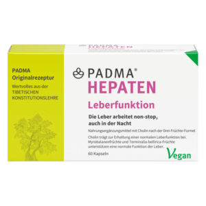 Verpackung eines Nahrungsergänzungsmittels für die Leber mit Aufschrift und pflanzlichem Design.