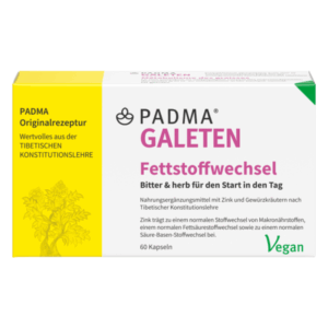 Verpackung des Nahrungsergänzungsmittels PADMA Galeten Fettstoffwechsel mit Informationen zu Inhalt und Anwendung.
