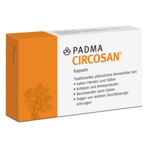 Packung mit PADMA CIRCOSAN Kapseln zur Linderung von Durchblutungsstörungen und begleitenden Symptomen.