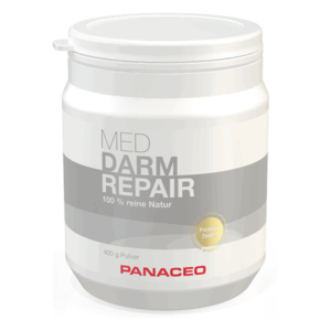 Weißer Kunststoffbehälter mit grauem Etikett, beschriftet mit "MED DARM REPAIR" und "100 % reine Natur".