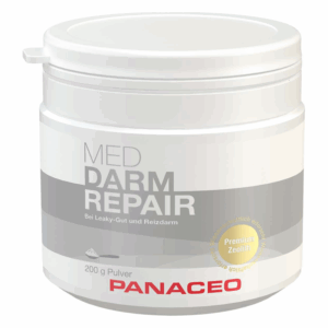 Weißer Pulverbehälter mit grauem Etikett, beschriftet mit 'MED DARM REPAIR' und Informationen zu Anwendung und Inhalt.